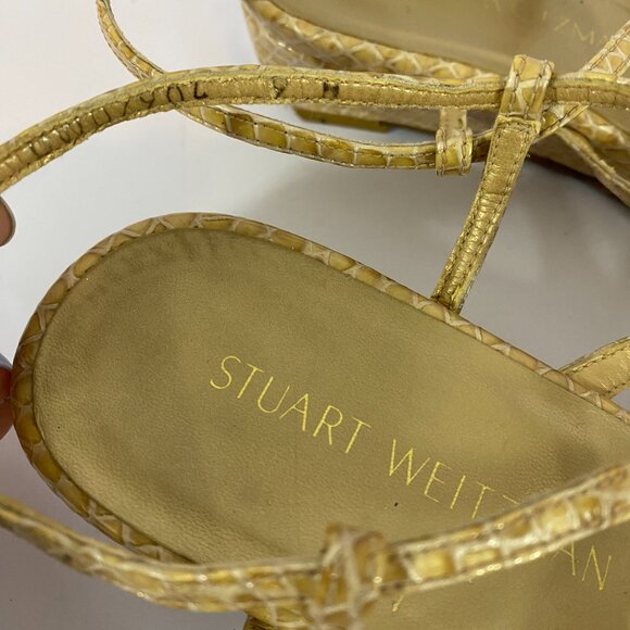 Stuart Weitzman Tan Snake Print Leather Strappy Wedge Open Toe Sandals Womens 9 - Picture 4 of 6